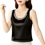 Silk Satin Tank Top Women Elegant Crew Neck Pearl Beads Blouse