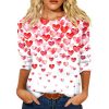 Womens Valentines Shirts 3/4 Sleeve Heart Print Blouses