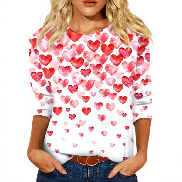Womens Valentines Shirts 3/4 Sleeve Heart Print Blouses