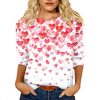 Womens Valentines Shirts 3/4 Sleeve Heart Print Blouses