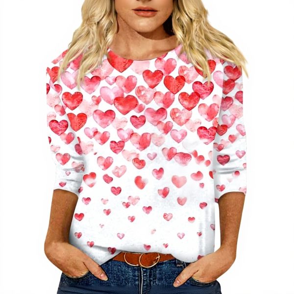 Womens Valentines Shirts 3/4 Sleeve Heart Print Blouses