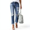 Jean Femme Pantalon Taille Haute Élastique Bleu Noir-1