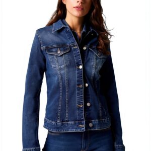Denim Femme Fermeture Bouton Col Point Manche Longue-0