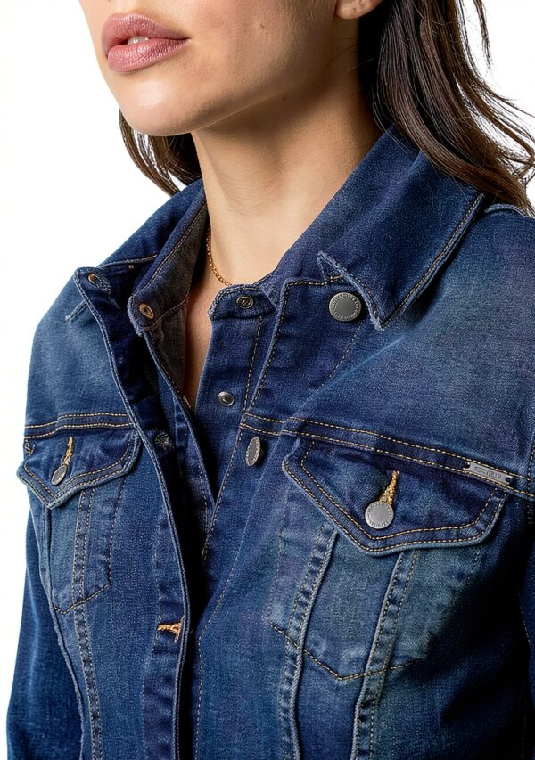 Denim Femme Fermeture Bouton Col Point Manche Longue-1