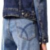 Denim Femme Fermeture Bouton Col Point Manche Longue-4